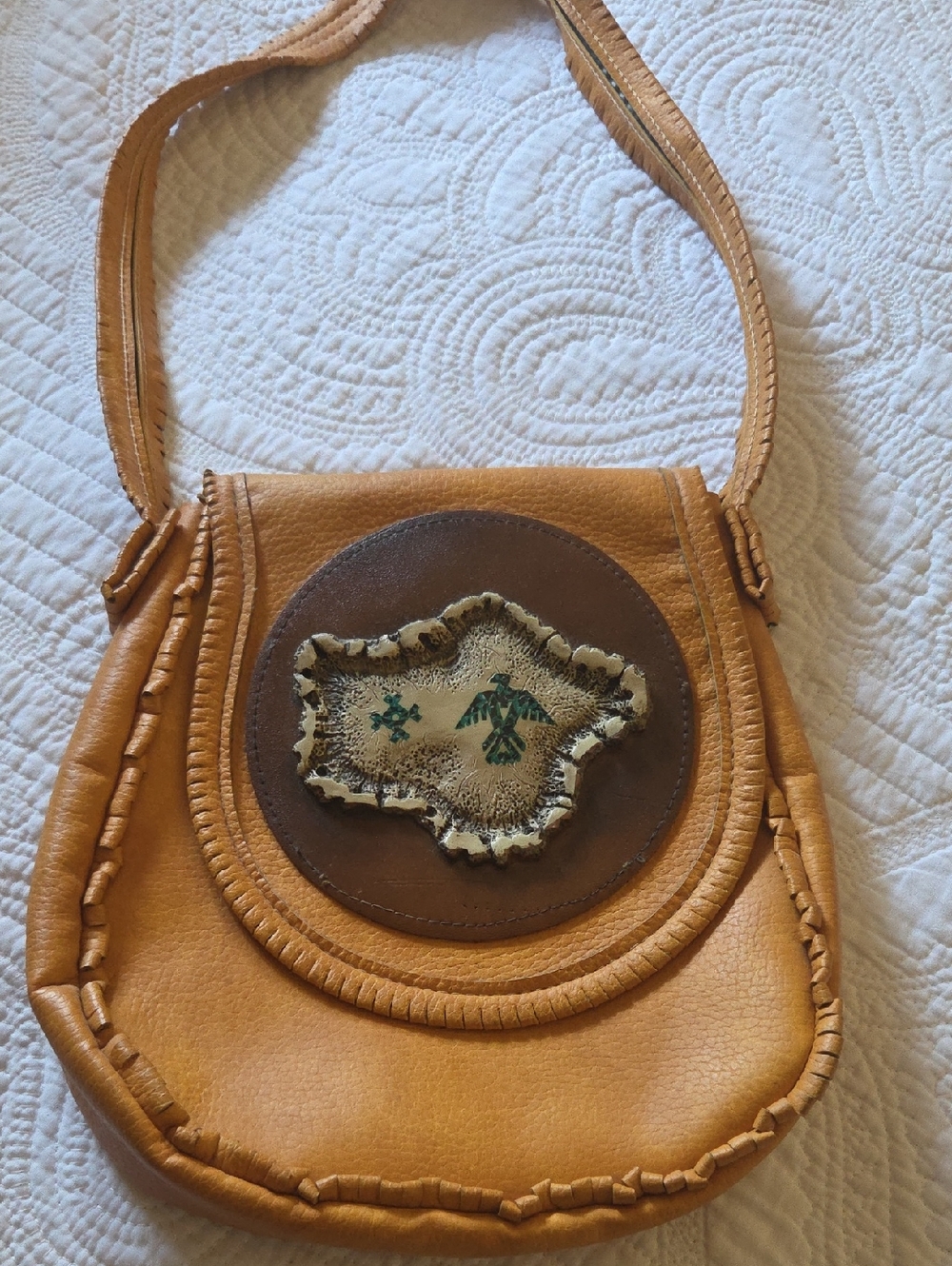 Leather Crossbody Bag in Camel with Native Embossed Accent